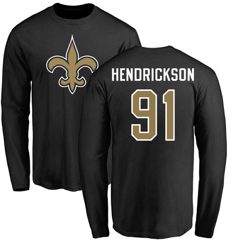 Men New Orleans Saints Black Trey Hendrickson Name and Number Logo NFL Football 91 Long Sleeve T Shirt